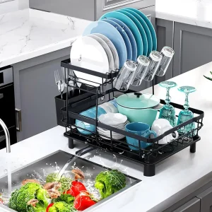 Stainless Steel Dish Rack Capacity Dish Drying Rack with Drainboard Anti-rust Coating Double-layered Kitchen for Organizing
